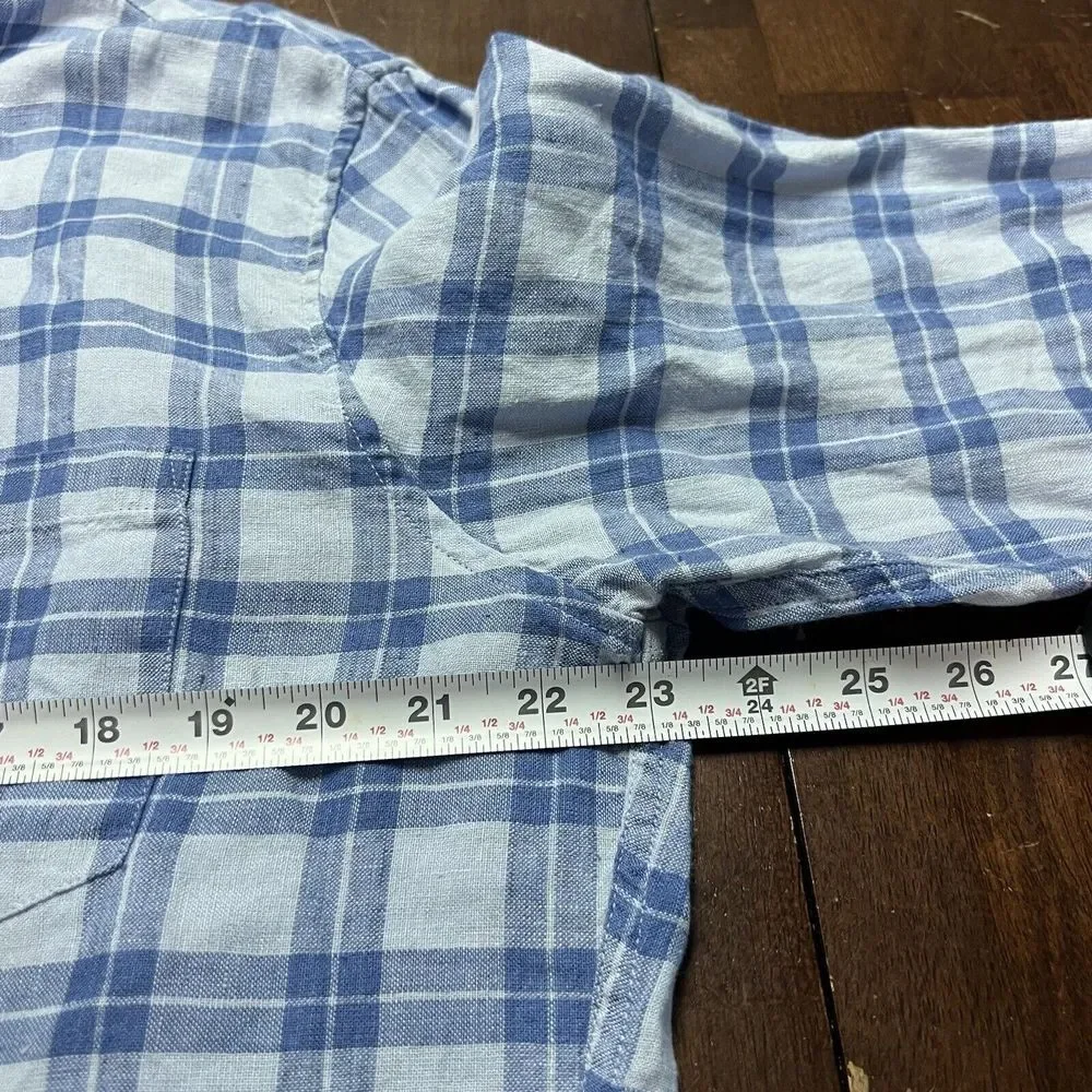J‎ Crew Shirt Mens Large Blue Plaid Button Up Linen Casual Slim Lightweight